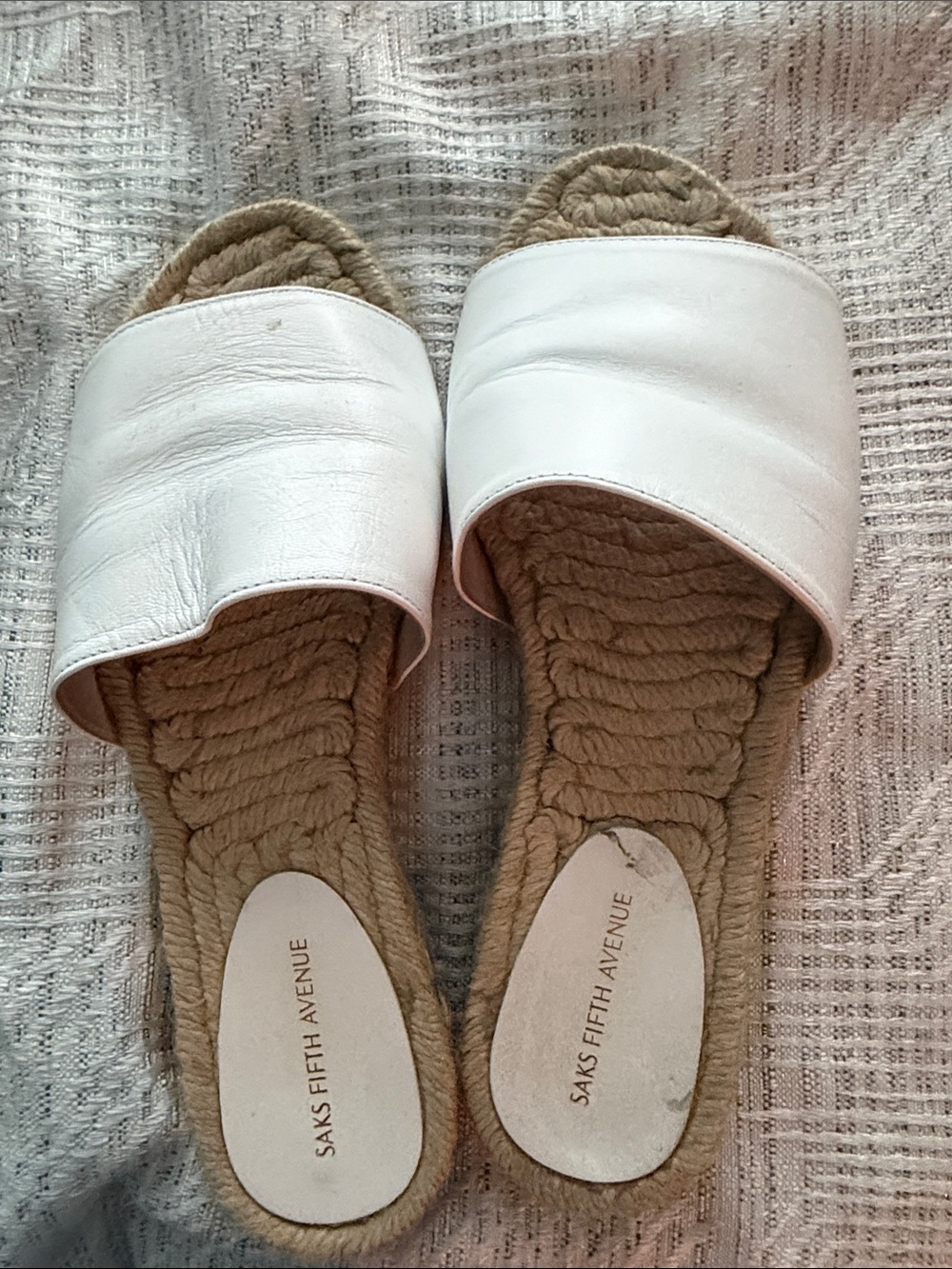 Saks Fifth Avenue White Leather Slide Rope-Trim Mules